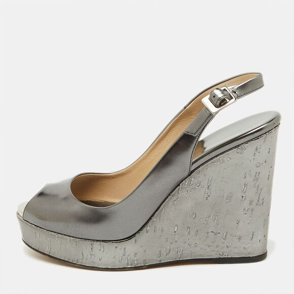 Jimmy Choo Metallic Grey Leather Cork Platform Wedge Slingback Sandals Size 37.5,New Products : American Fashion Style Bags On Sale